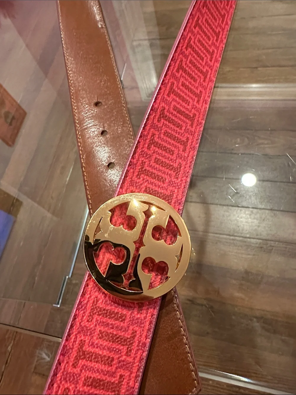 Tory Burch Pink Logo Pattern Belt with Gold Round Buckle